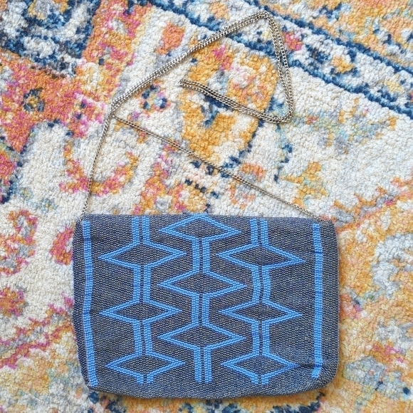 Dainty Aztec Beaded Flap Closure Metal Chain Mini Crossbody Bag Gray Periwinkle - Picture 10 of 11